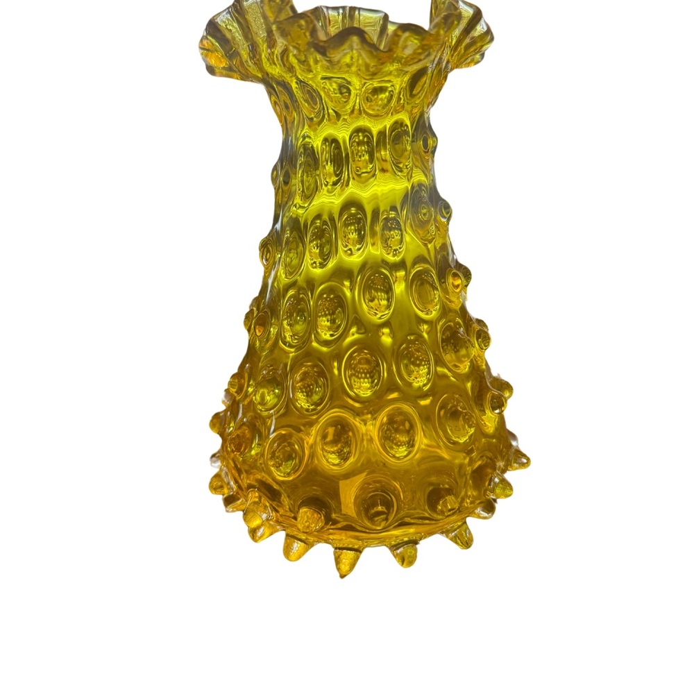 Vintage Fenton Glass Canary Yellow Hobnail Glass Ruffled Edge Vase 6" 💛💛💛